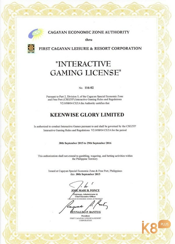 Giấy phép hoạt động của nhà cái k8 được cấp bởi CEZA và First Cagayan